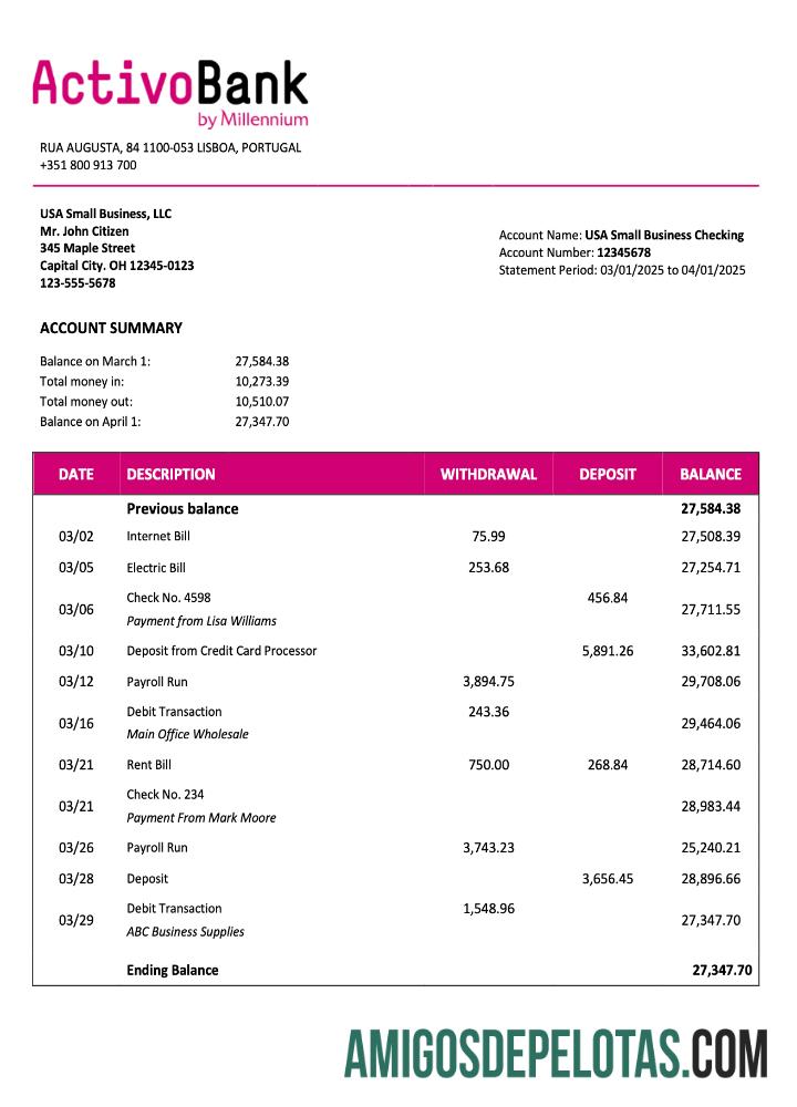 Em branco Portugal Activobank Company Checking Account Statement Word And PDF modelo